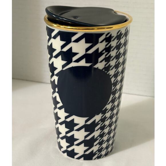 STARBUCKS 2015 Navy Blue Houndstooth Ceramic Coffee Travel Mug 12oz-Never Used - Picture 2 of 9